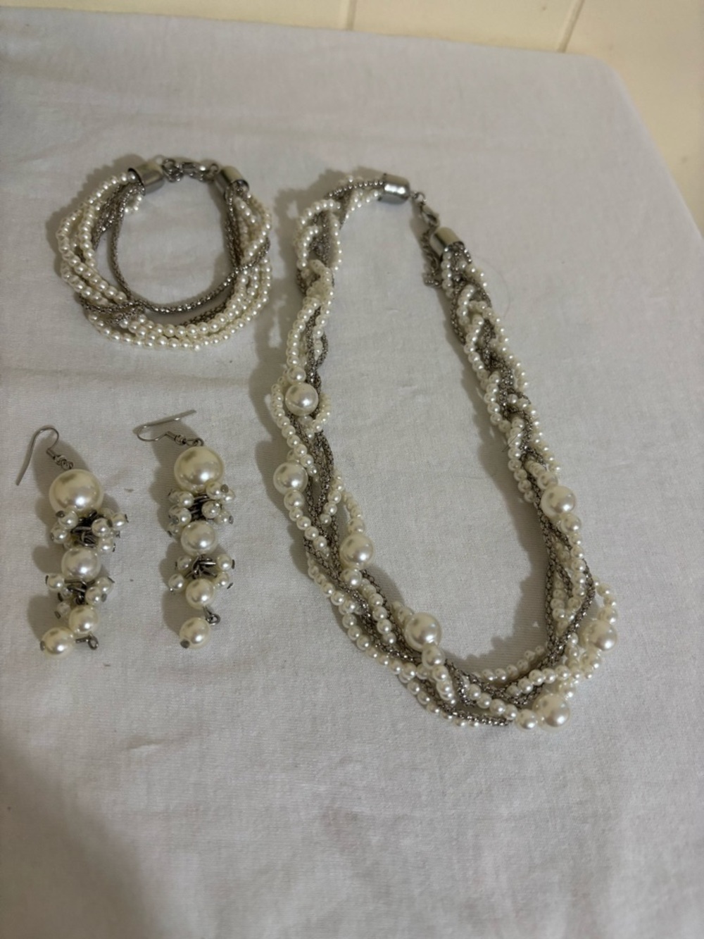 Pearl & Silver Multi-Strand Necklace Set with Drop Earrings